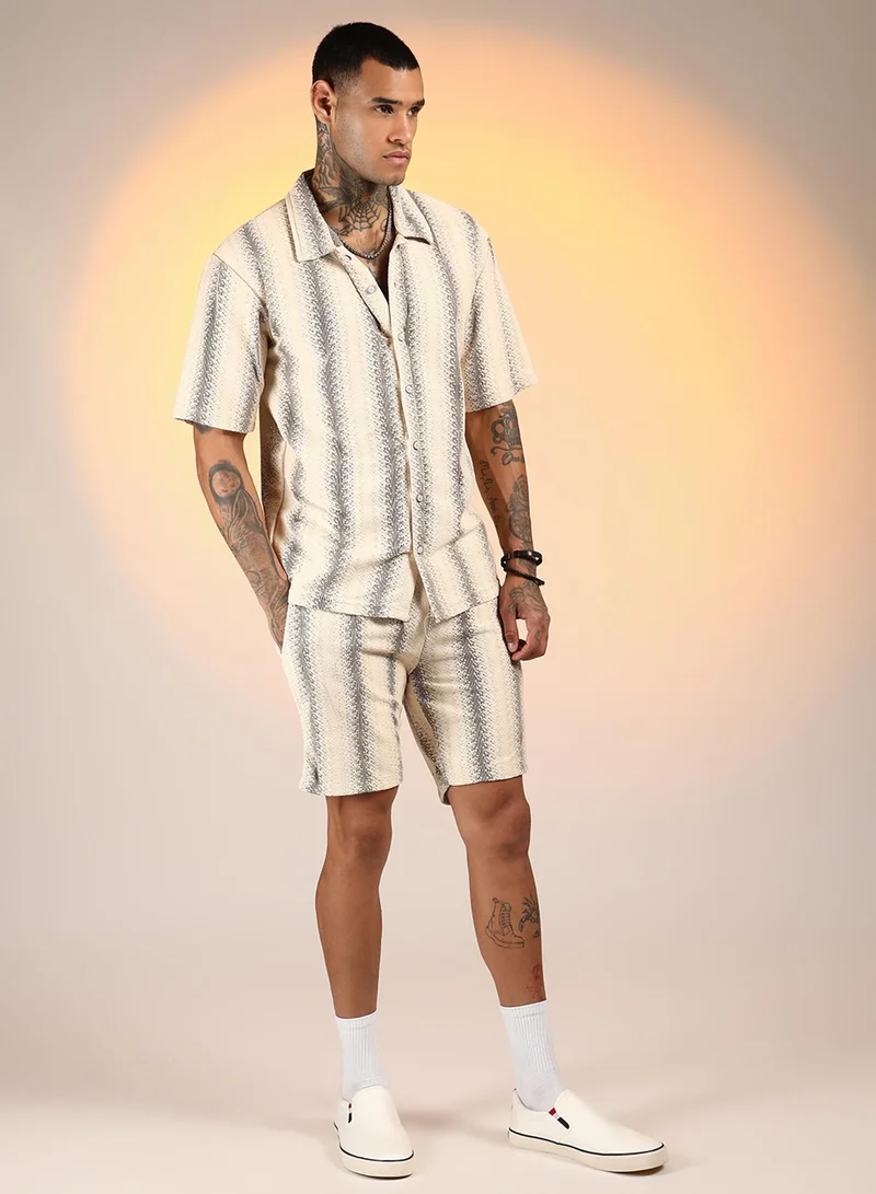 CAHOOT  Men's Ivory White & Midnight Black Texture-Striped Co-Ord Set For Casual Wear | Spread Collar | Short Sleeve | Button Closure | Co-Ords Crafted With Comfort Fit For Everyday Wear for Men | Best Price UAE